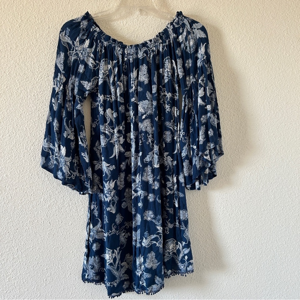 Knox Rose Flare sleeve Off Shoulder Floral Tunic Dress XSmall Blue Boho Western
